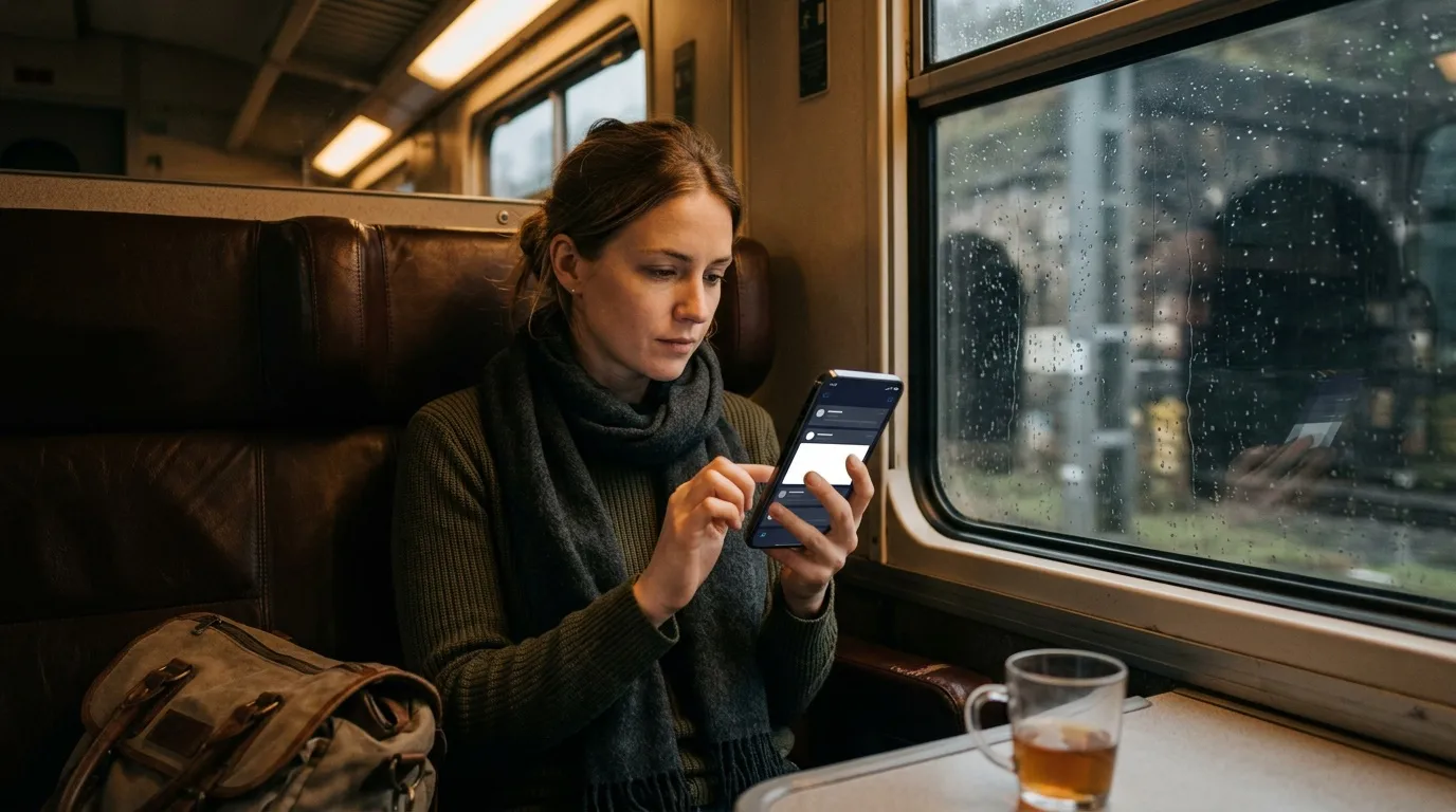Femme utilisant son t&eacute;l&eacute;phone dans un train sous la pluie