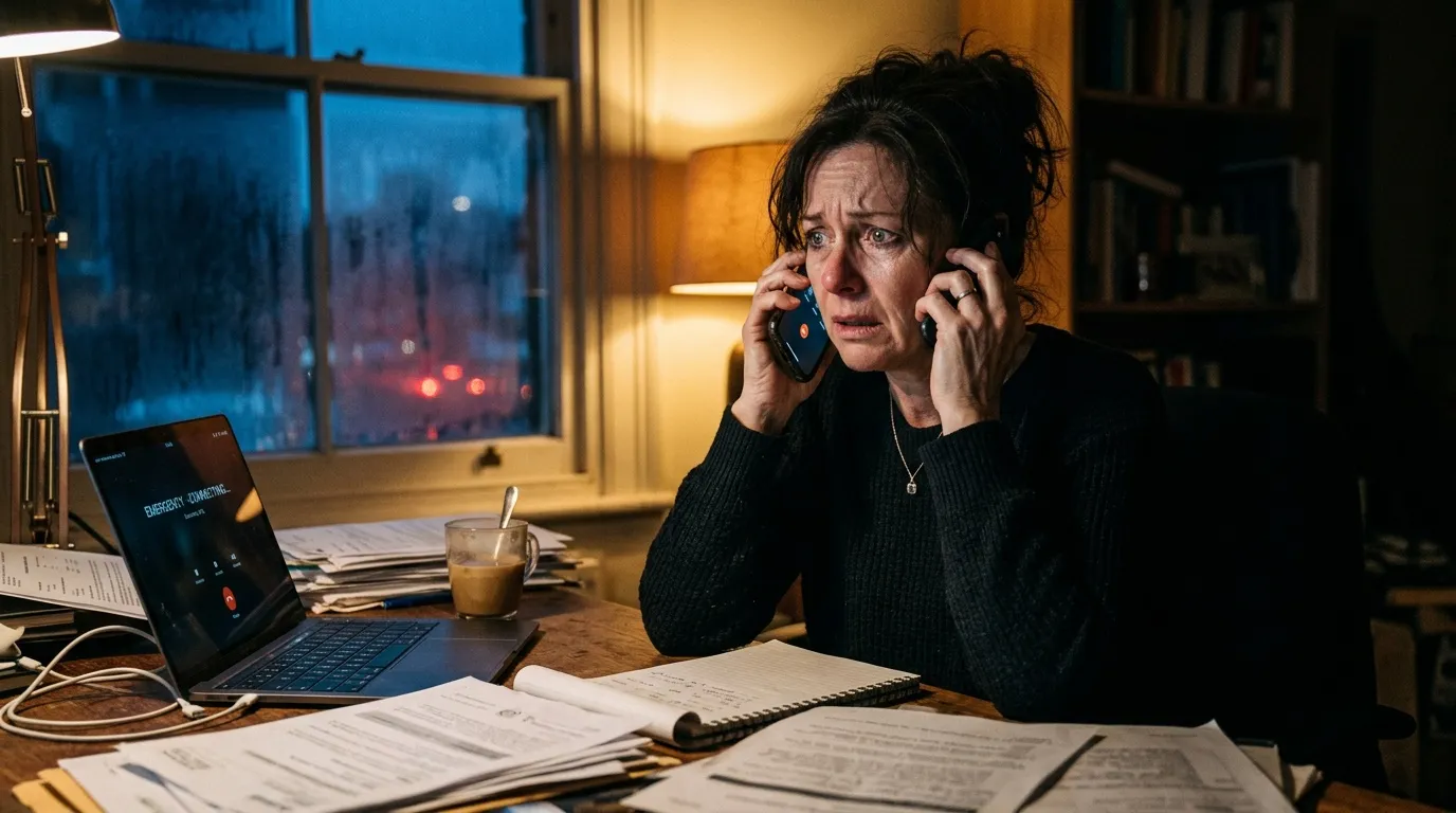 Femme stress&eacute;e au t&eacute;l&eacute;phone, travaillant tard le soir au bureau