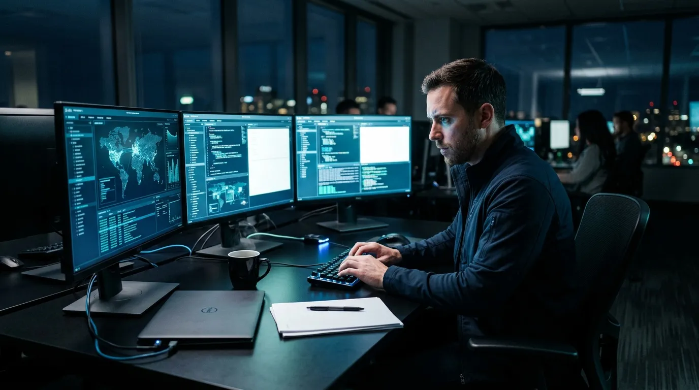 Homme travaillant sur trois &eacute;crans affichant des donn&eacute;es informatiques