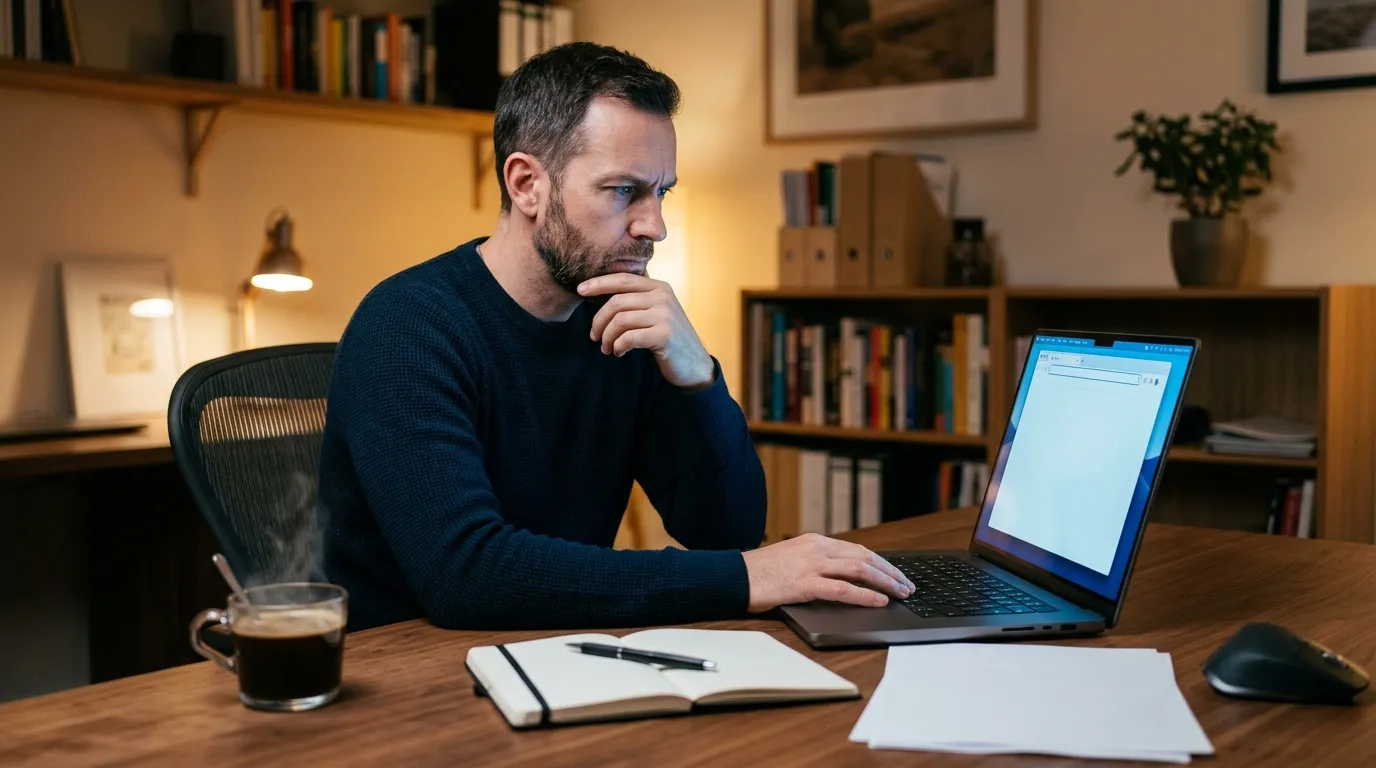 Homme réfléchissant devant son ordinateur portable au bureau