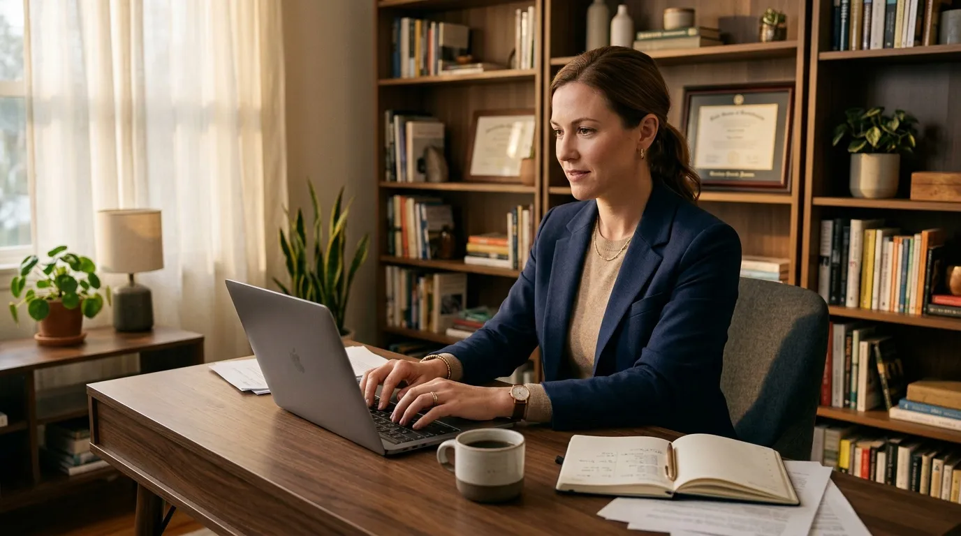Femme en blazer bleu travaille sur ordinateur portable au bureau