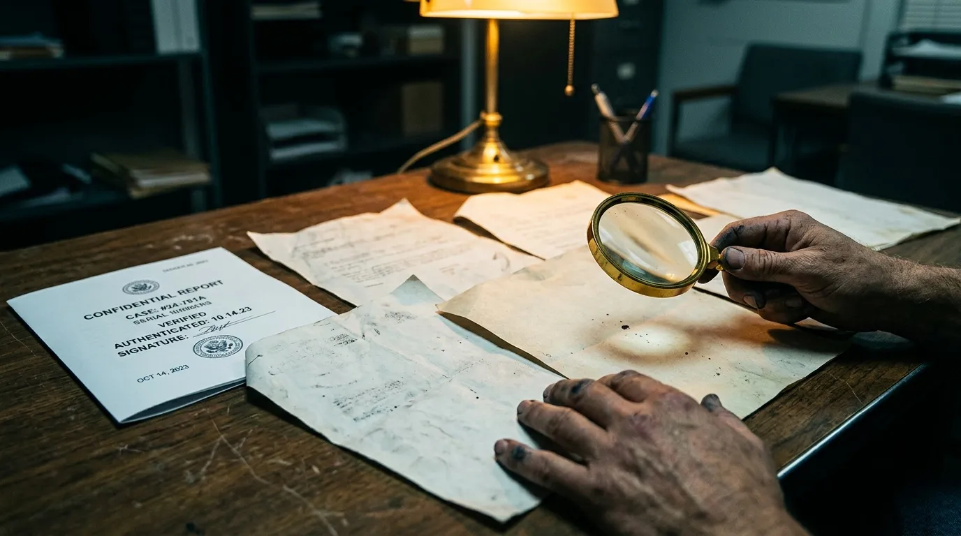 Homme examine documents avec loupe sur bureau professionnel
