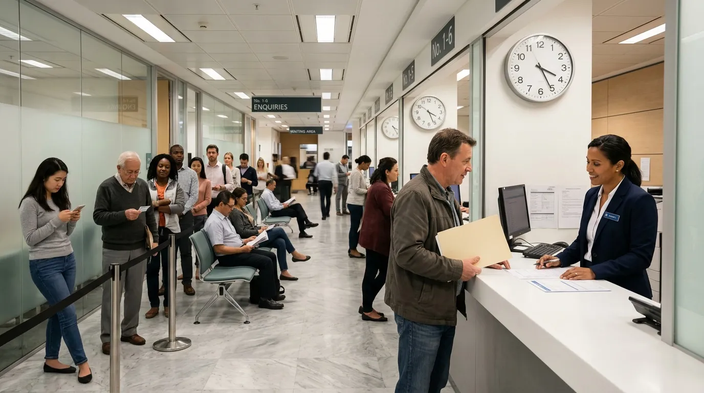 Personnes attendant à un comptoir d'accueil dans un bâtiment public.