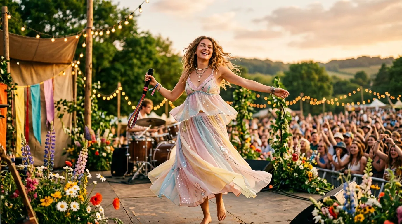 Chanteuse en robe pastel sur scène fleurie en plein air