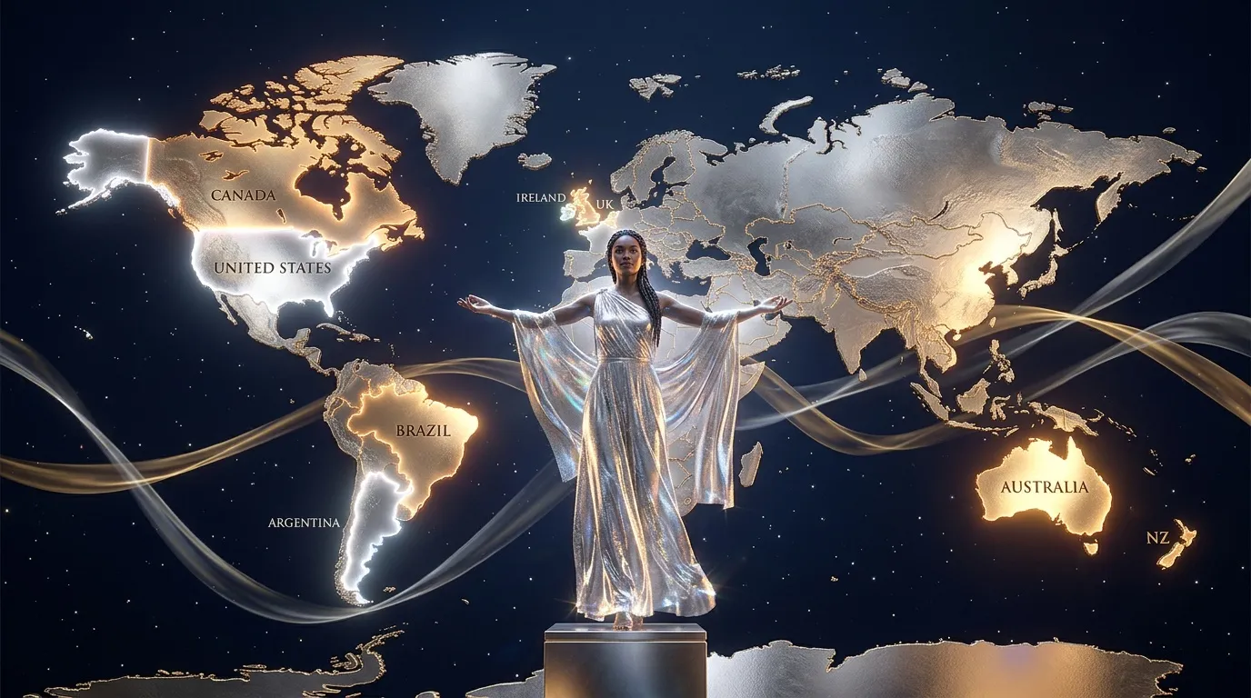 Femme en robe blanche les bras écartés au-dessus d'une carte monde illuminée
