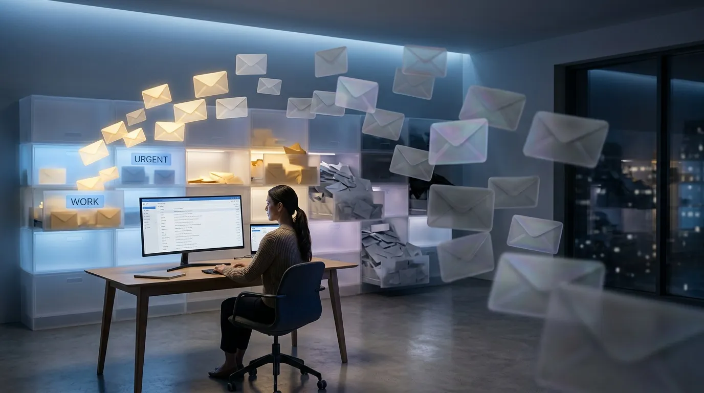 Femme au bureau submergée par des enveloppes numériques flottantes