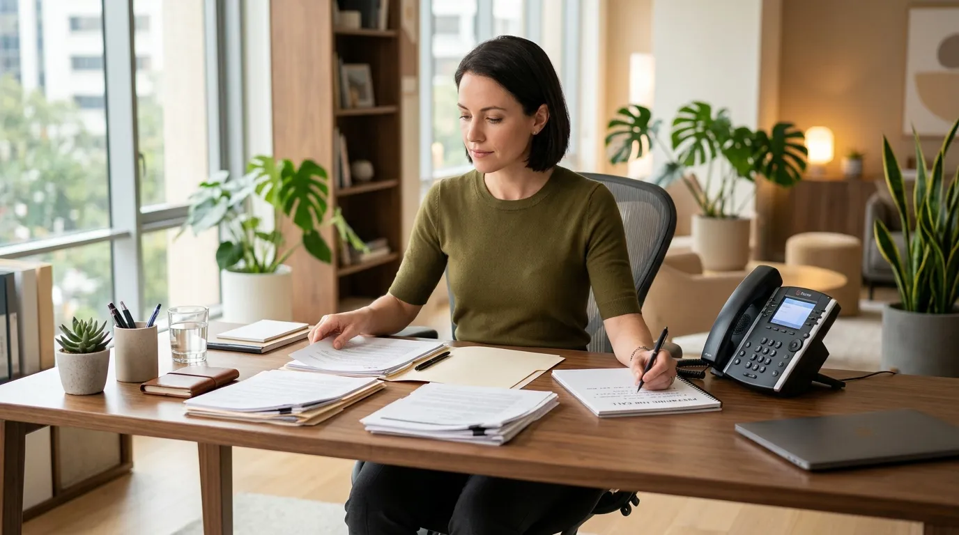 Femme en chemise olive travaille &agrave; son bureau avec documents