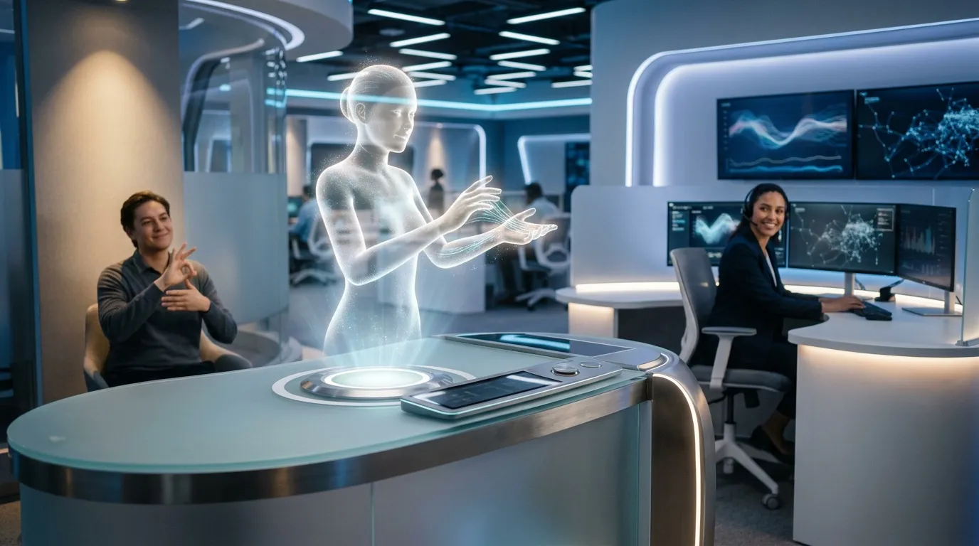 Hologramme f&eacute;minin blanc dans bureau moderne avec donn&eacute;es