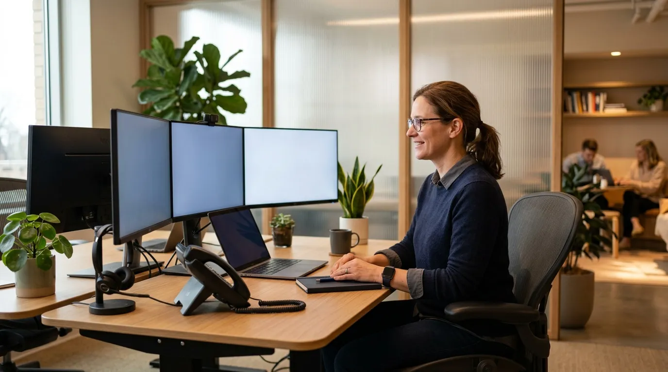 Femme souriante assise &agrave; un bureau avec plusieurs &eacute;crans.