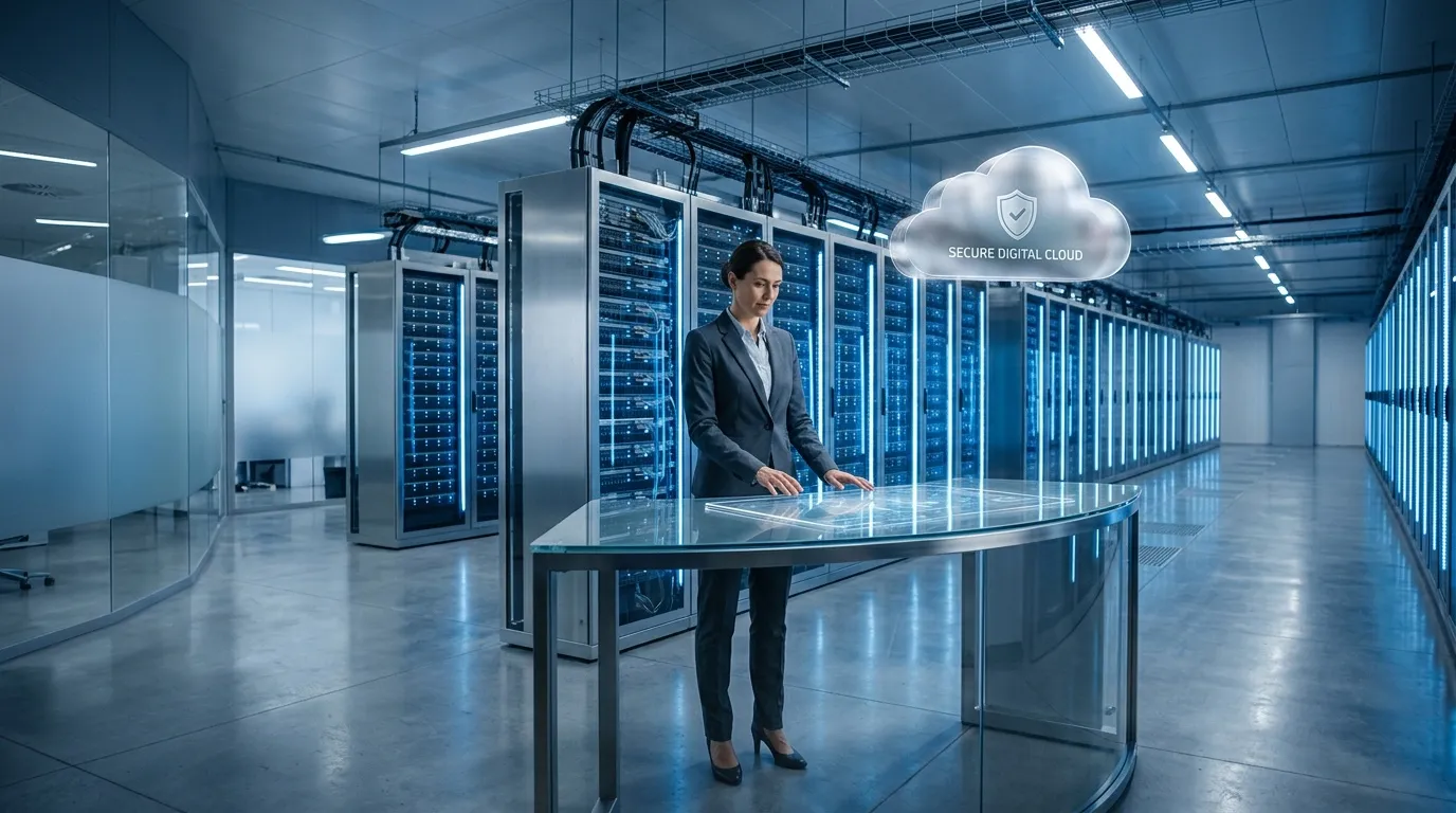 Professionnelle dans un centre de donn&eacute;es avec cloud s&eacute;curis&eacute;