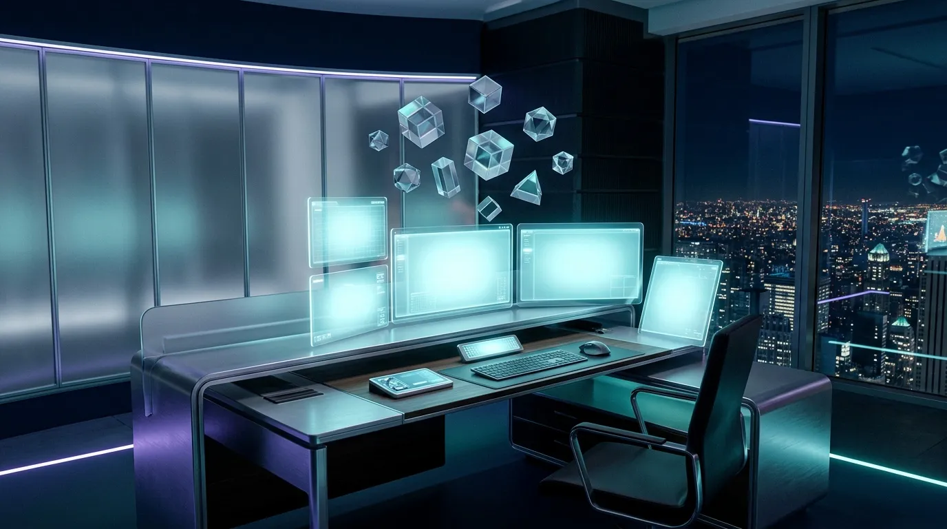 Bureau high-tech avec &eacute;crans luminescents et vue nocturne