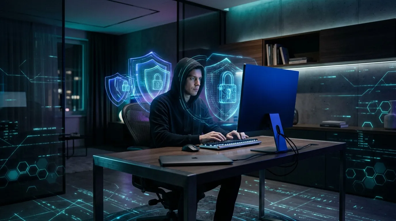 Hacker travaillant sur ordinateur avec symboles de s&eacute;curit&eacute; holographiques
