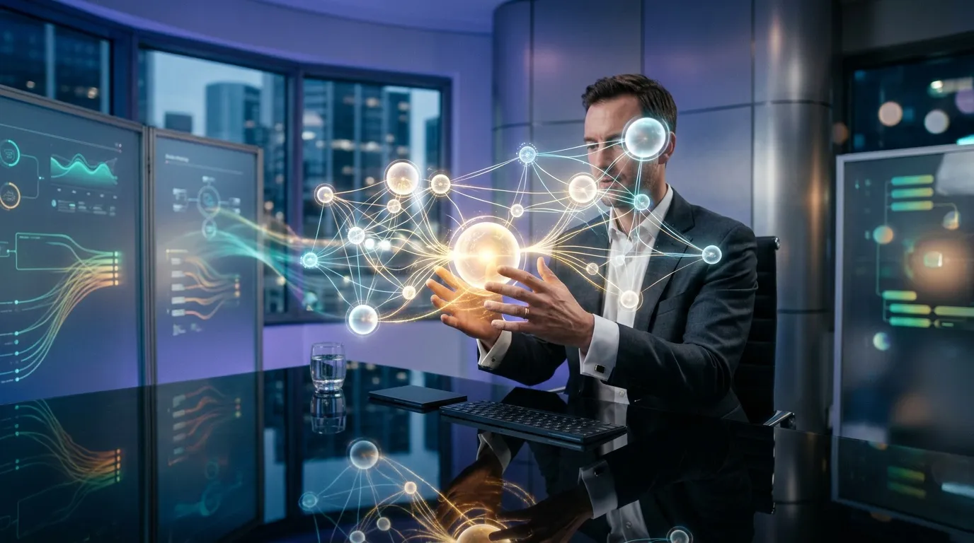 Professionnel interagissant avec visualisation r&eacute;seau holographique futuriste