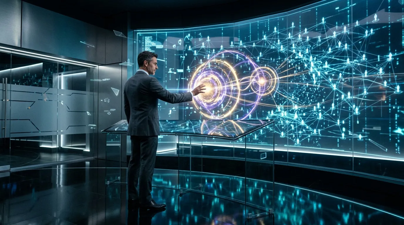 Homme d'affaires interagit avec visualisation de donn&eacute;es num&eacute;riques holographiques