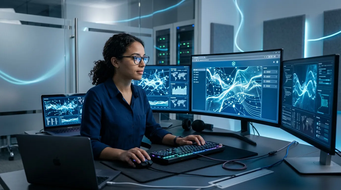 Femme travaillant sur plusieurs &eacute;crans avec donn&eacute;es num&eacute;riques