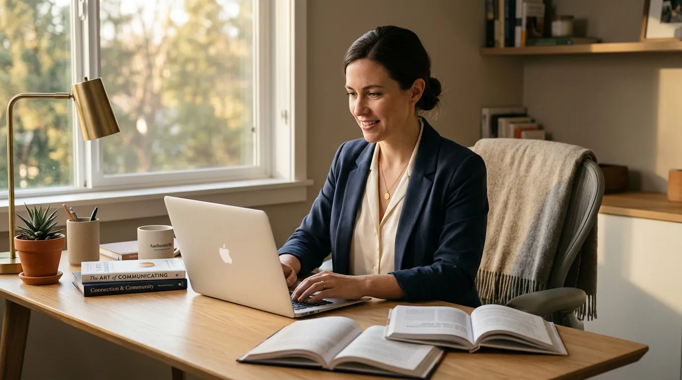 Femme souriante travaille sur laptop &agrave; son bureau