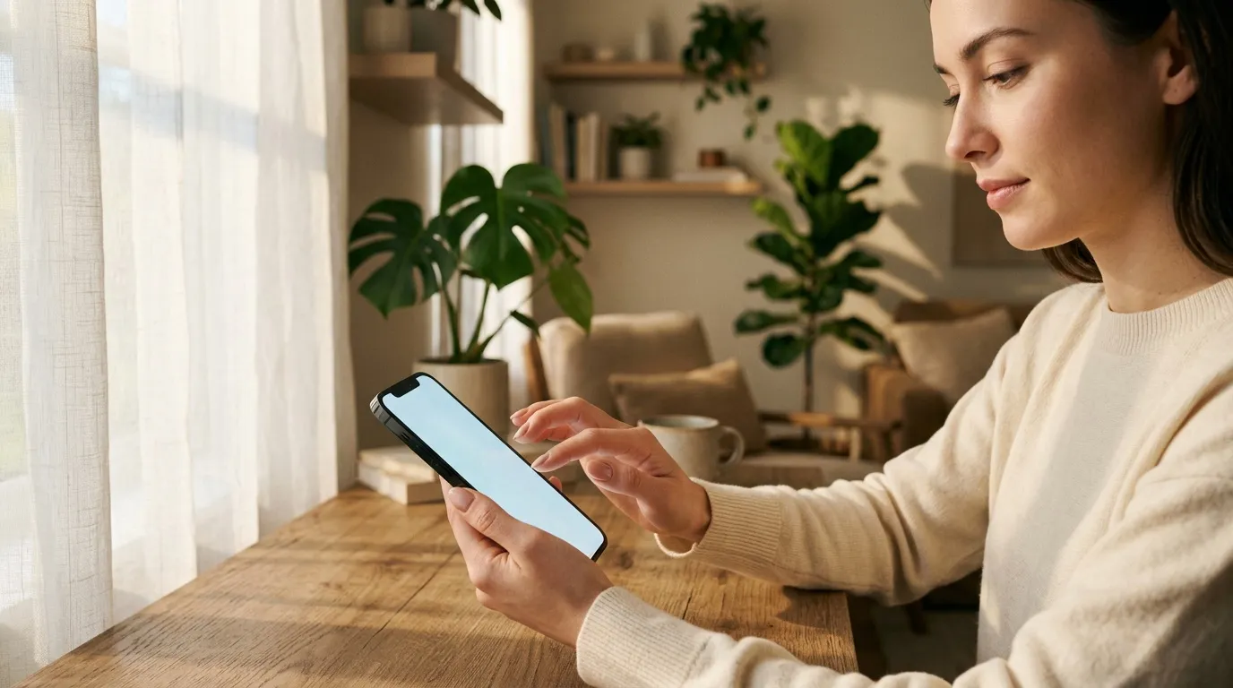 Femme utilise smartphone dans intérieur lumineux avec plantes
