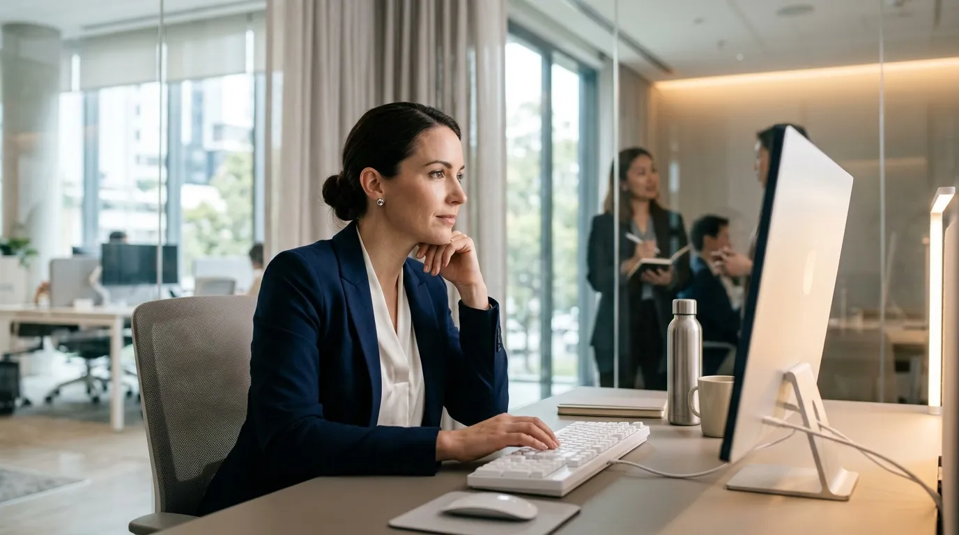Professionnelle pensante devant son ordinateur de bureau