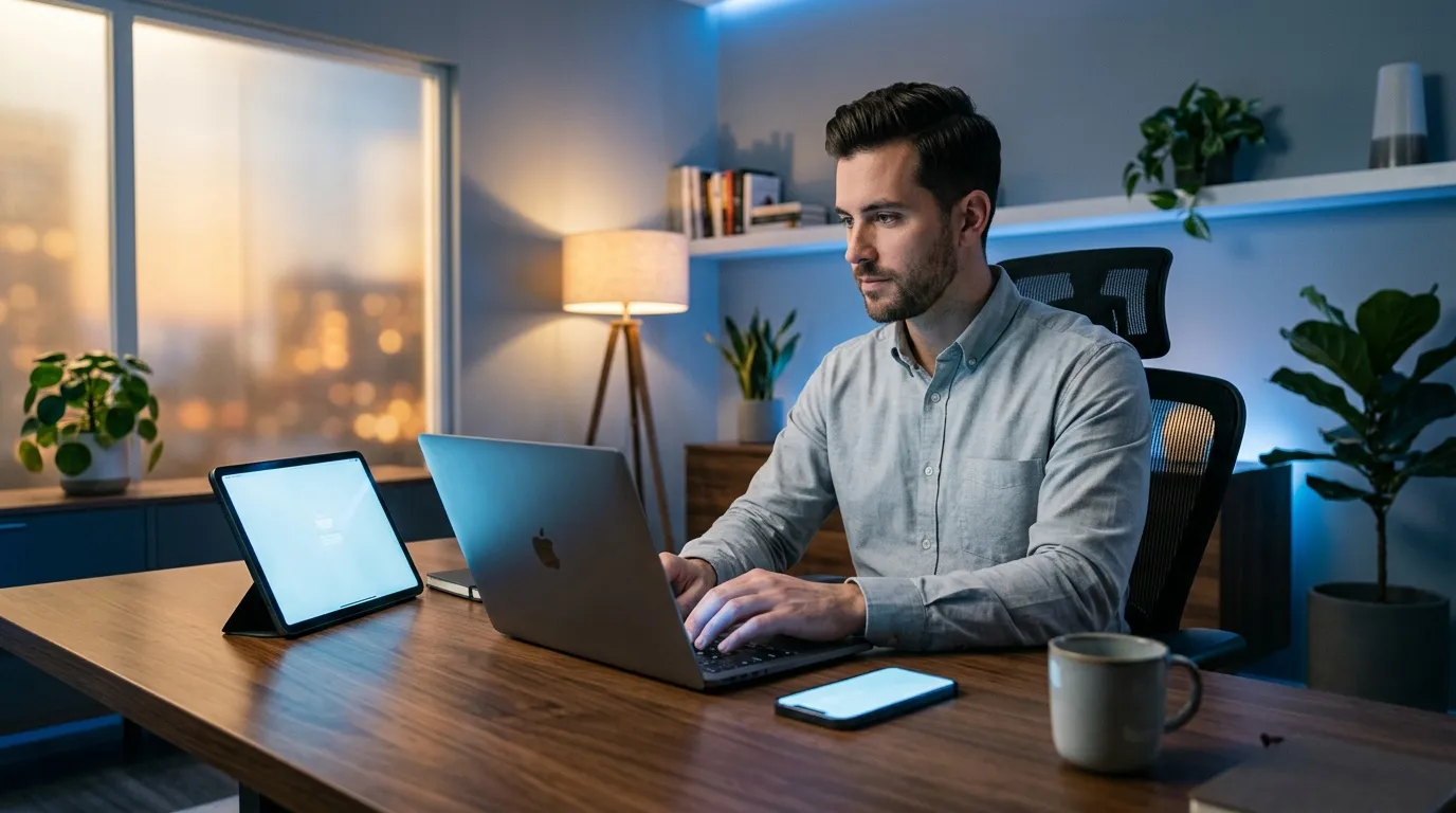 Homme travaillant sur laptop dans bureau contemporain avec vue urbaine