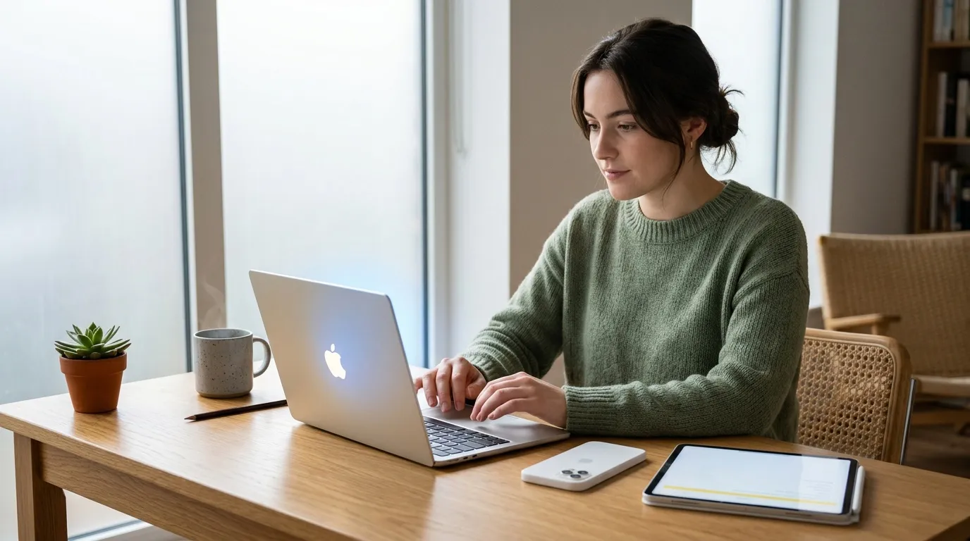 Femme en pull vert travaille sur MacBook à son bureau