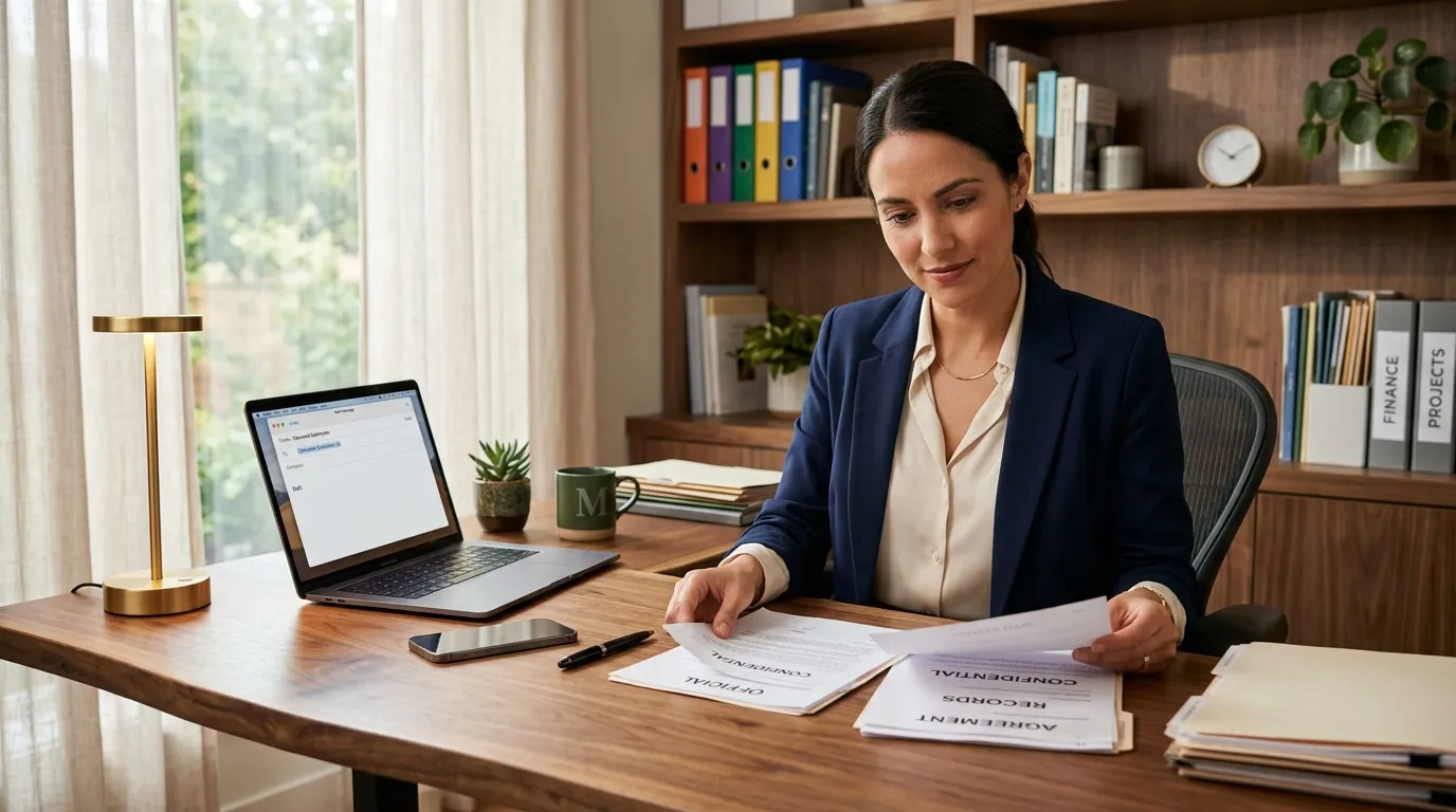 Professionnelle en blazer bleu examinant des documents au bureau