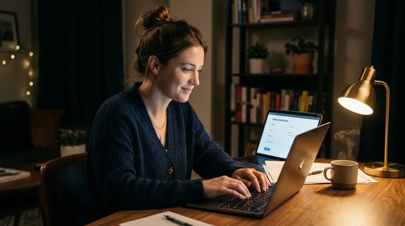 Femme travaillant sur ordinateur portable &agrave; son bureau la nuit