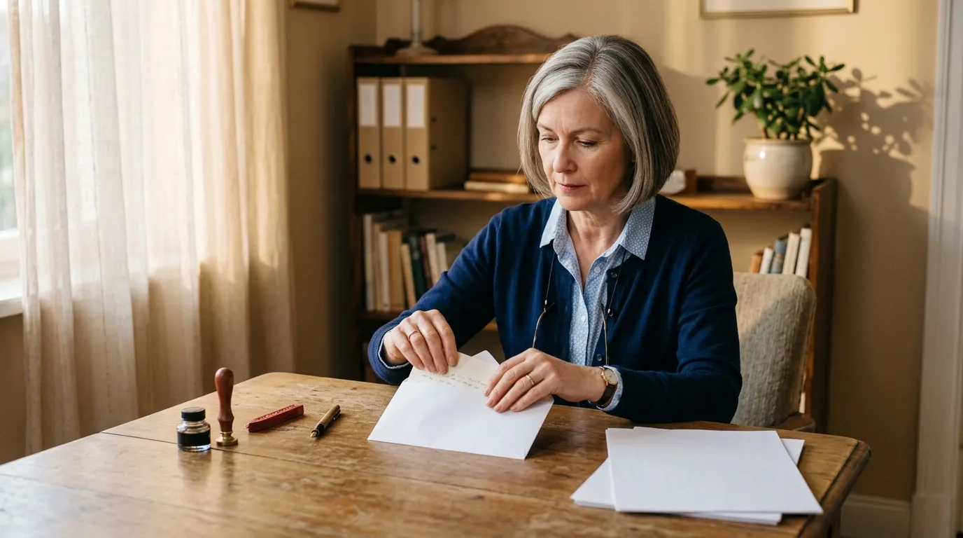Femme d'&acirc;ge m&ucirc;r signant un document &agrave; son bureau