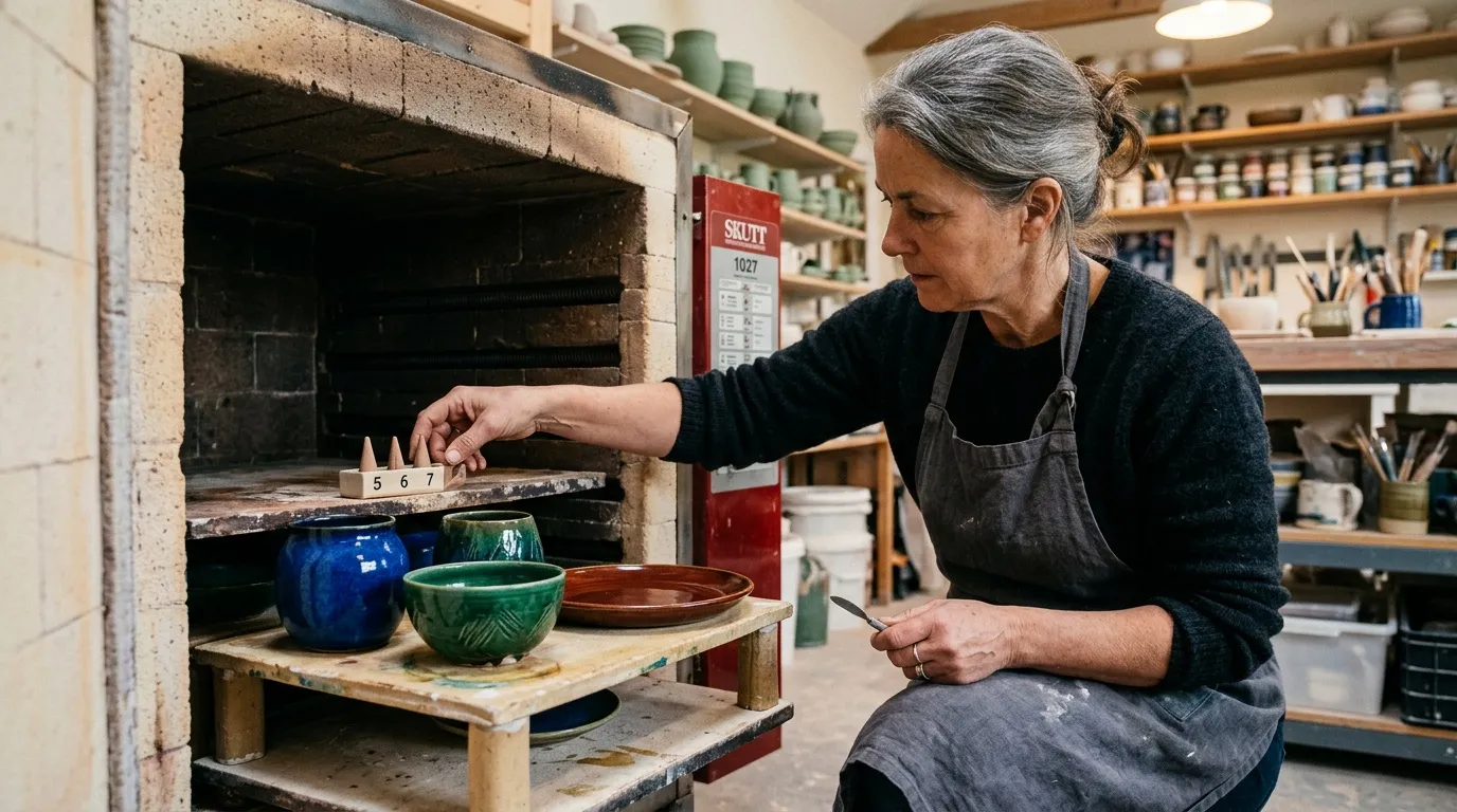 Femme artisan v&eacute;rifie temp&eacute;rature four c&eacute;ramique atelier