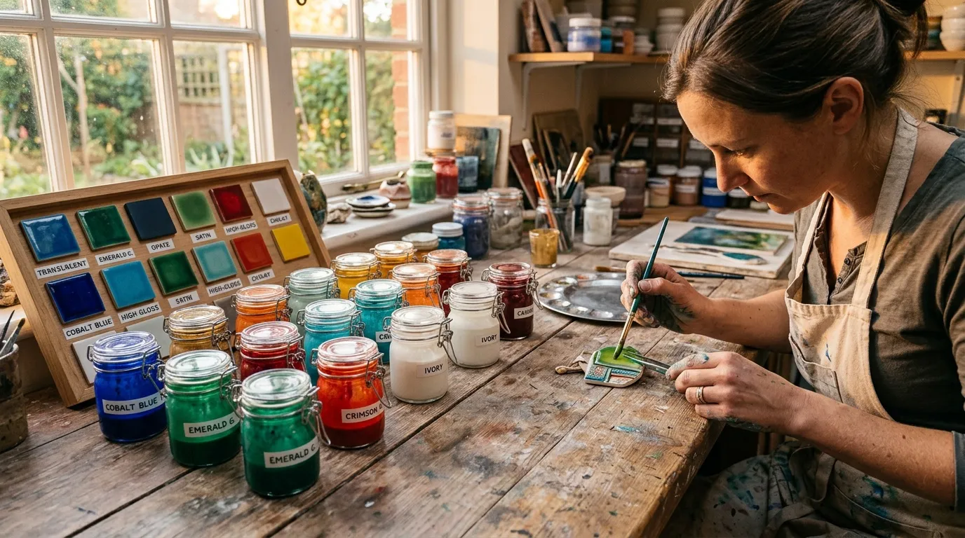 Femme peignant avec des pots de couleurs vives organis&eacute;s