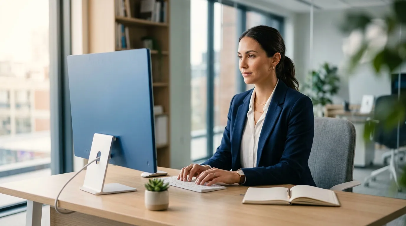 Femme en blazer bleu utilisant ordinateur moderne au bureau