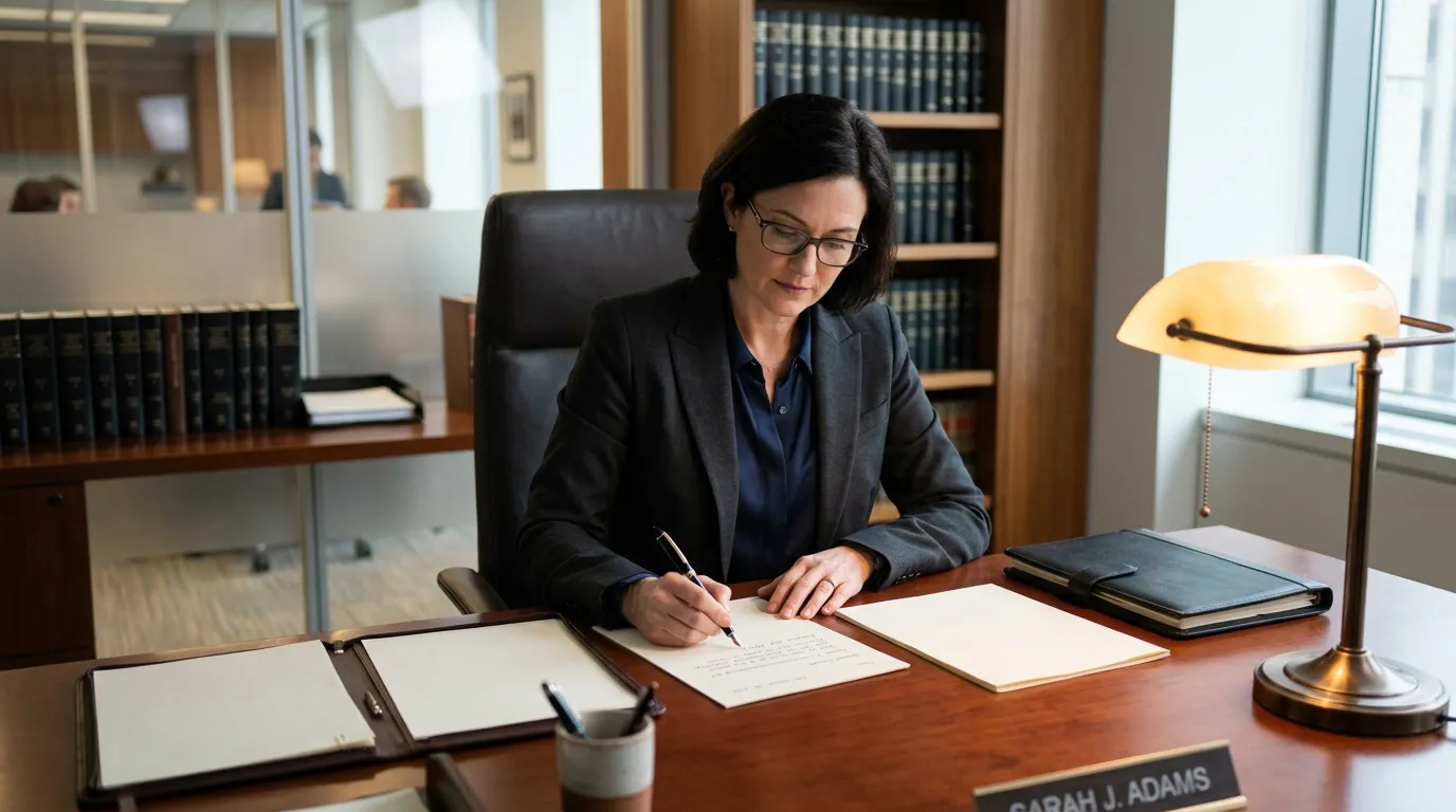 Femme en costume écrivant à son bureau d'avocat professionnel
