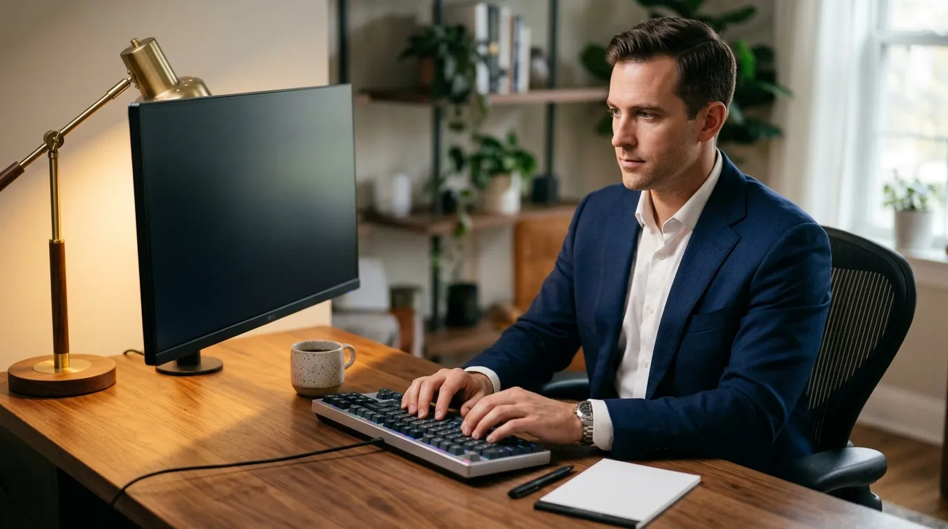 Homme en costume travaillant à son ordinateur de bureau