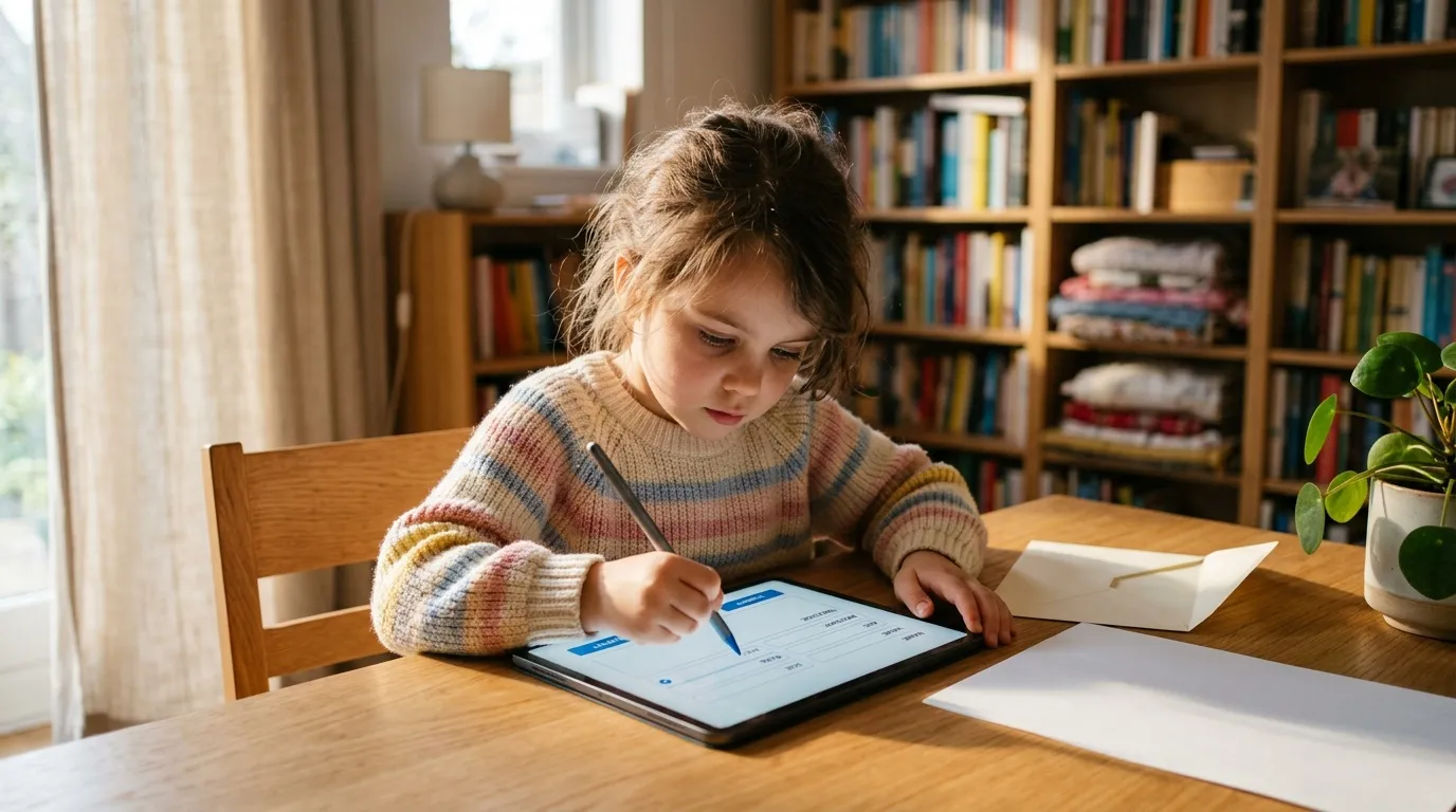 Jeune fille utilisant une tablette &agrave; table dans une biblioth&egrave;que