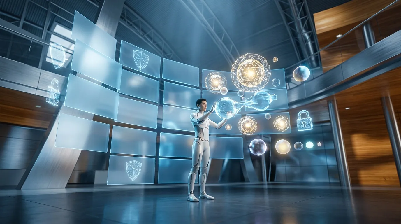 Homme manipulant des éléments holographiques dans un environnement technologique