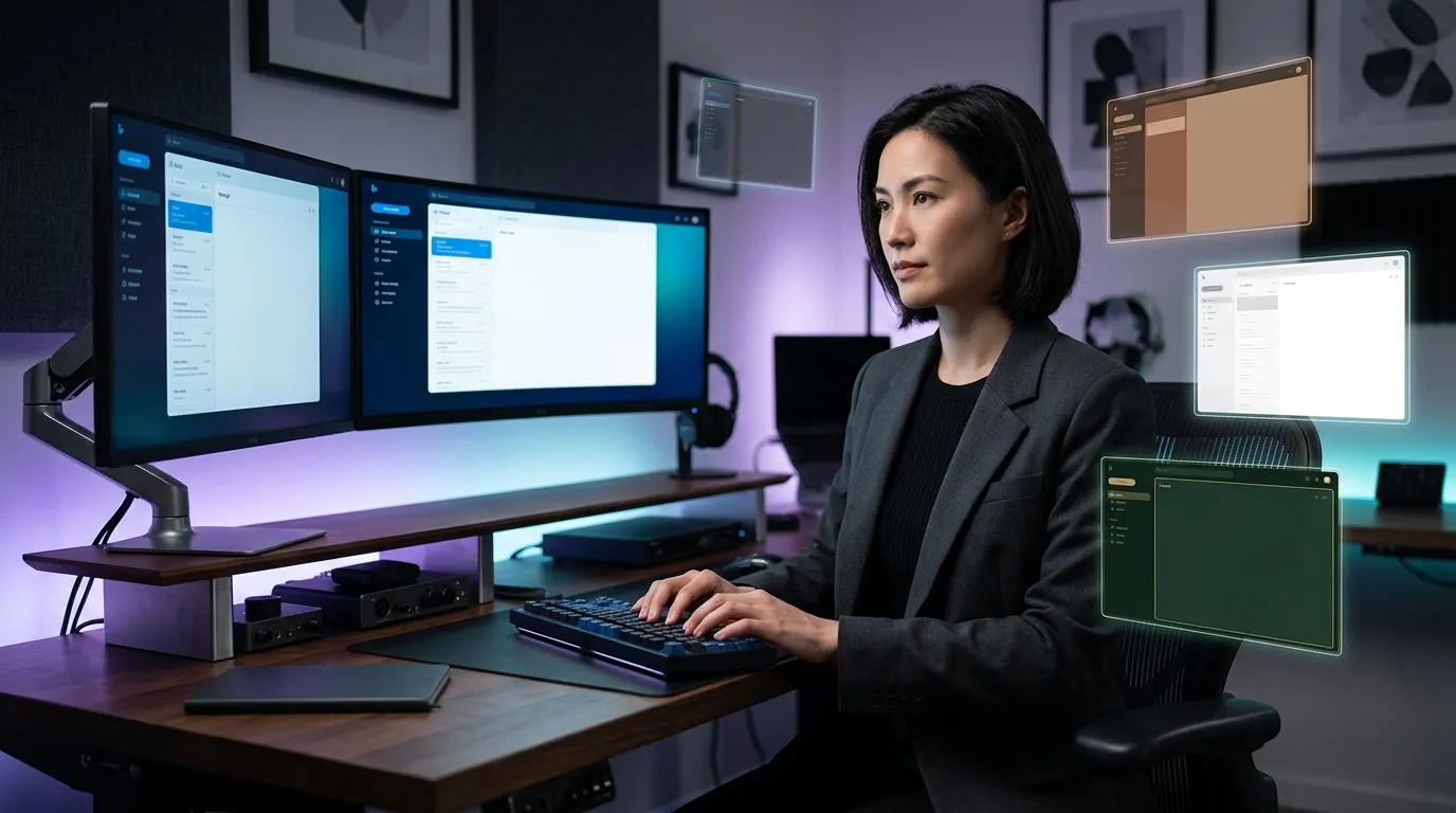 Femme travaillant à un bureau high-tech avec plusieurs écrans