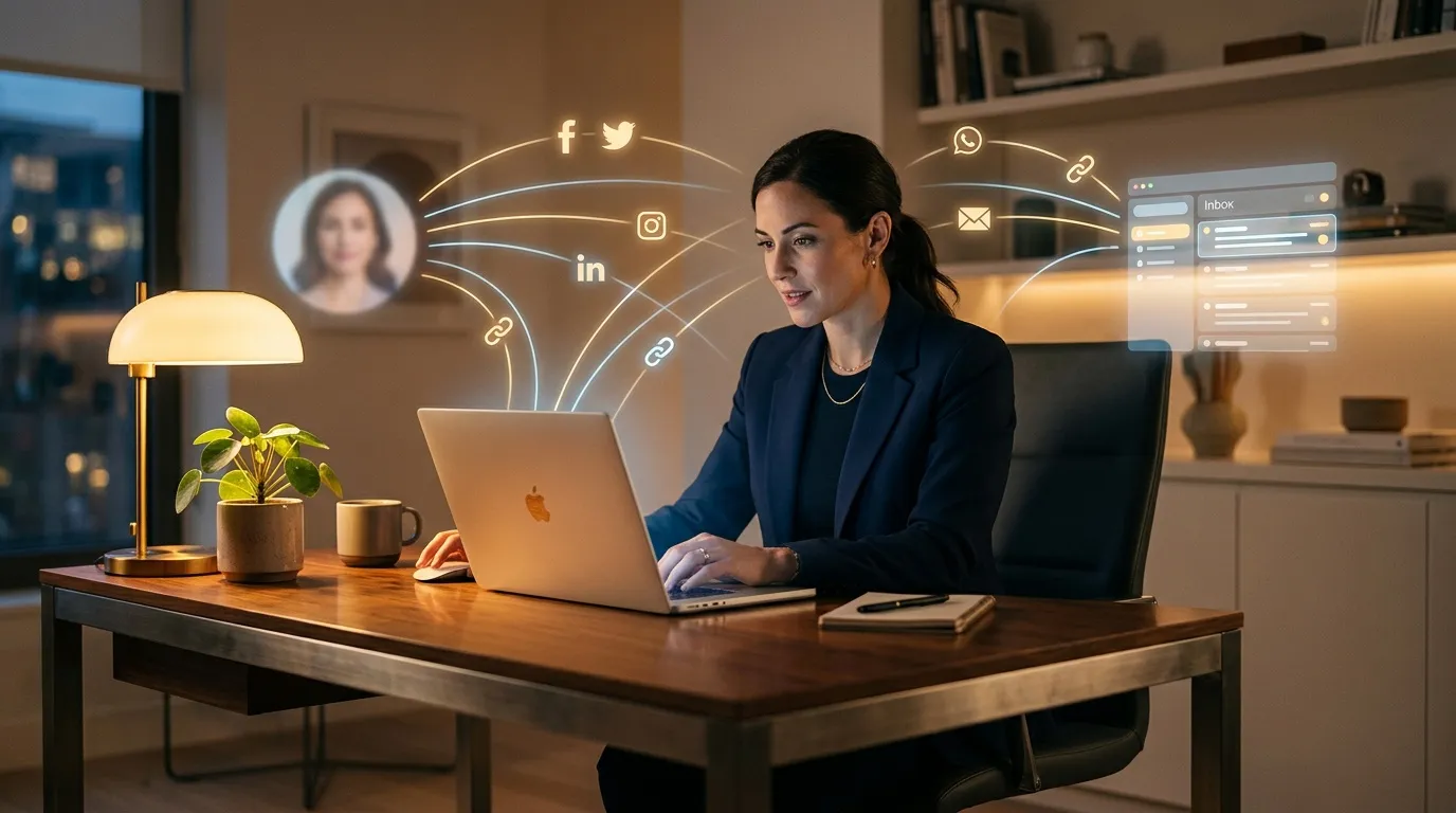 Femme travaillant sur laptop avec ic&ocirc;nes r&eacute;seaux sociaux