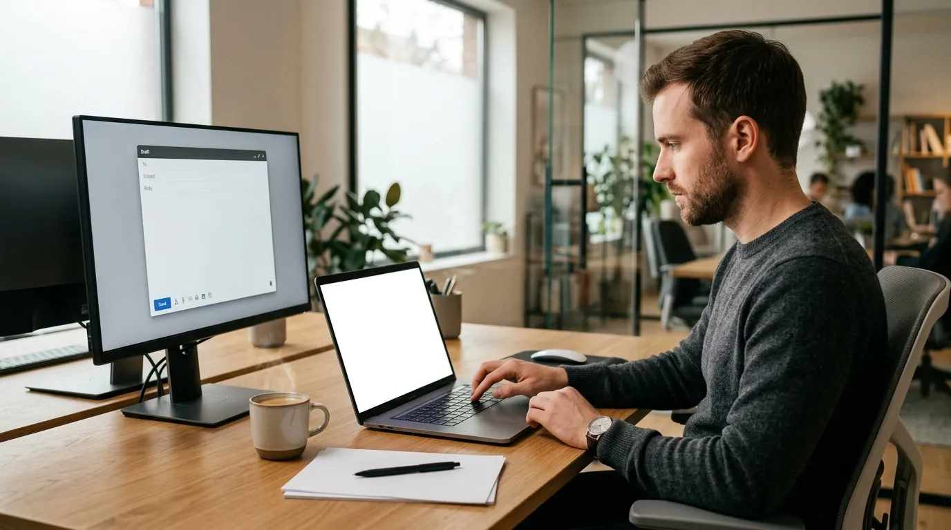 Homme codant sur laptop avec moniteur dans bureau moderne
