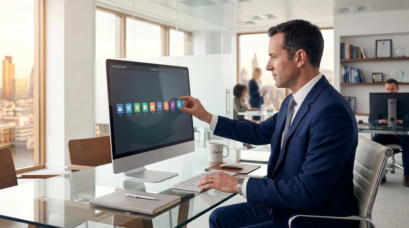 Homme d'affaires utilisant &eacute;cran tactile dans bureau moderne