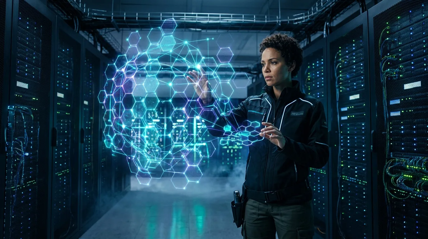 Femme ingénieure interagit hologramme hexagonal serveur datacenter