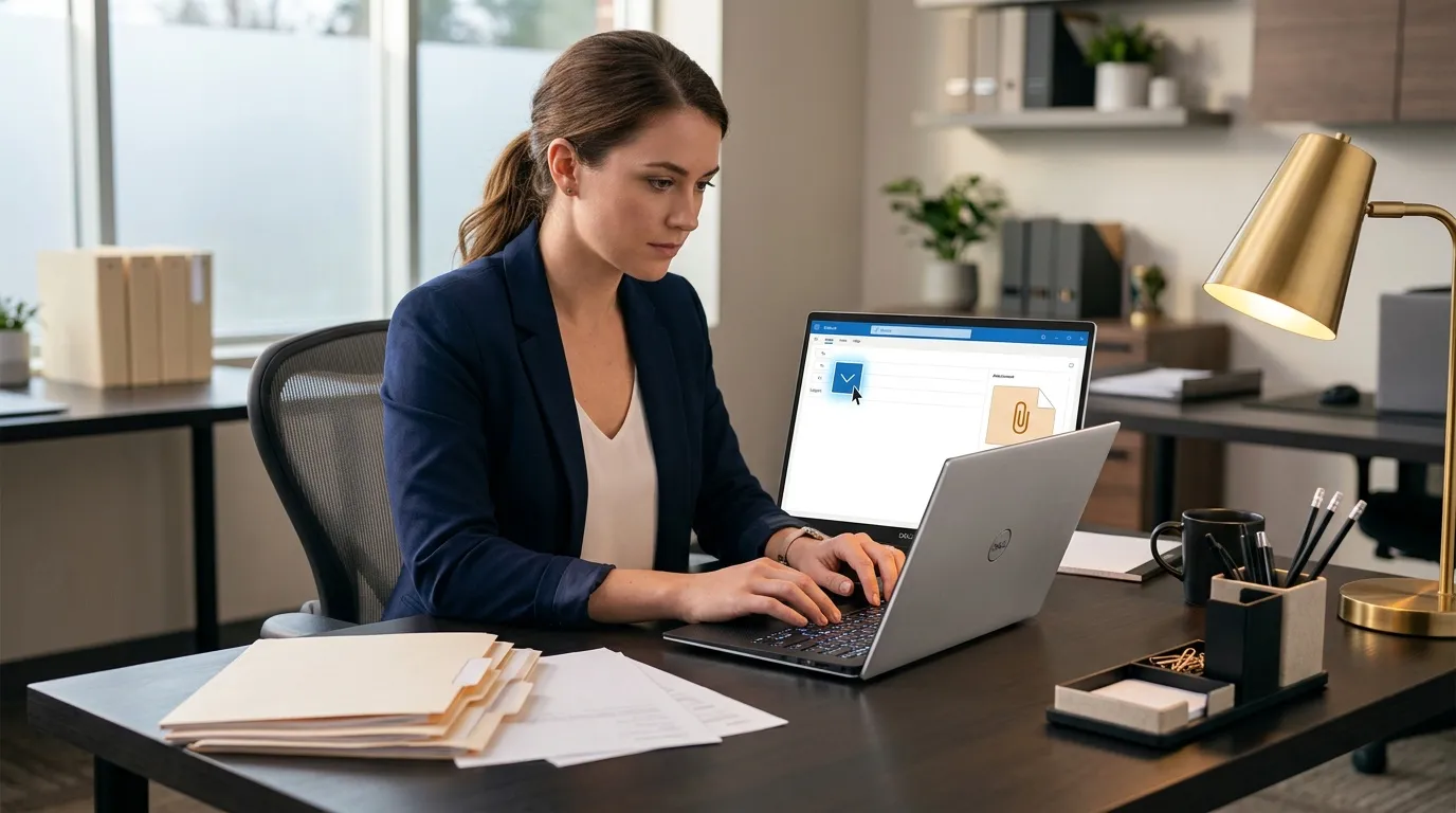 Femme en blazer bleu travaille sur ordinateur portable au bureau