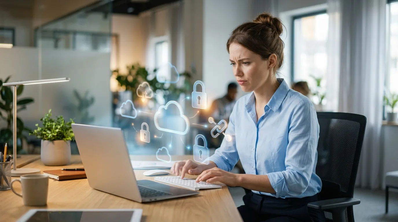 Femme travaillant sur ordinateur portable avec symboles sécurité numériques