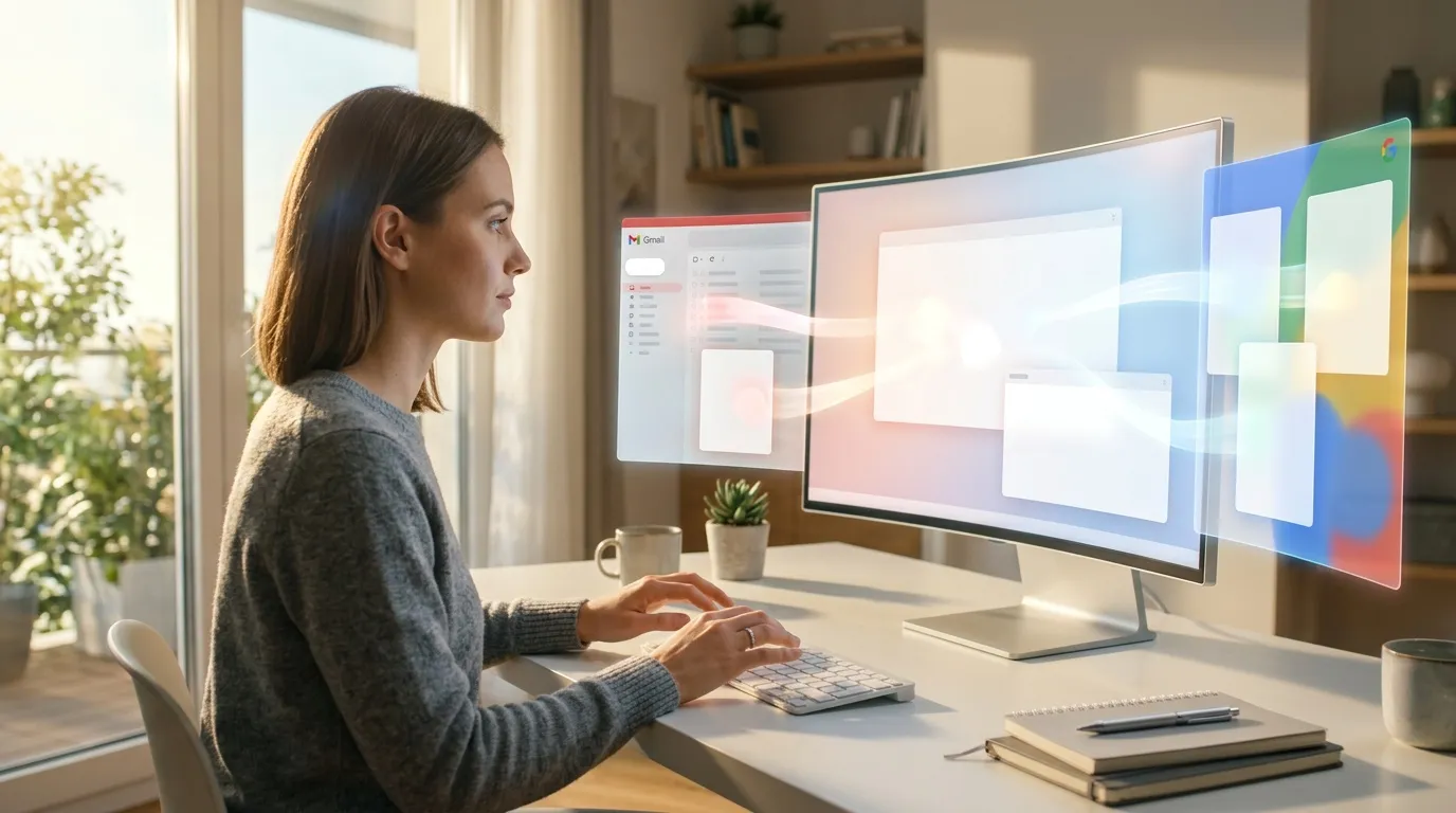 Femme utilisant clavier devant écrans affichant applications numériques