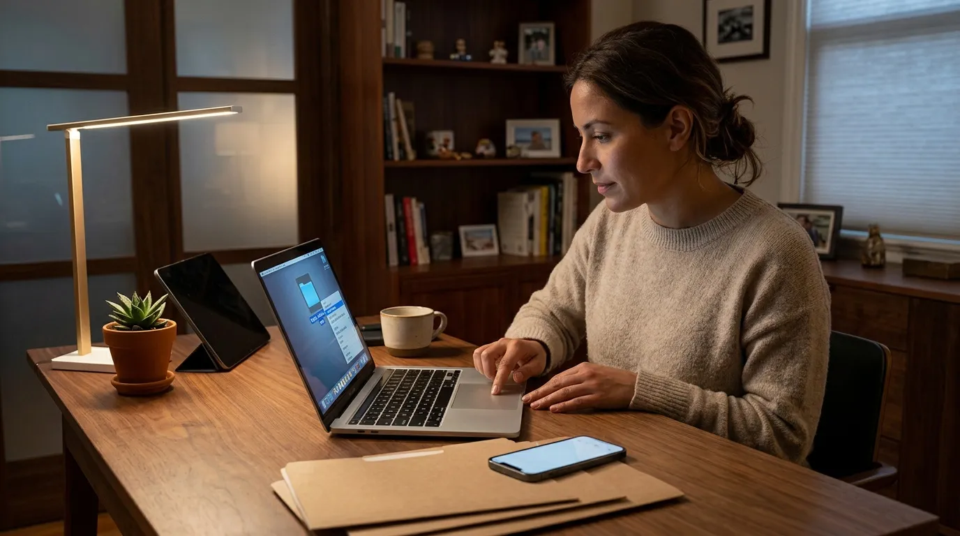 Femme en pull beige travaille sur laptop dans son bureau