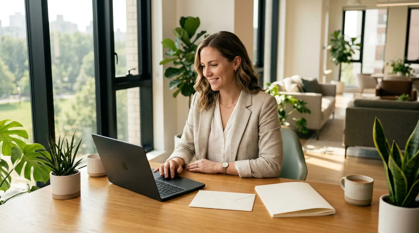 Femme en blazer beige travaillant sur ordinateur portable au bureau
