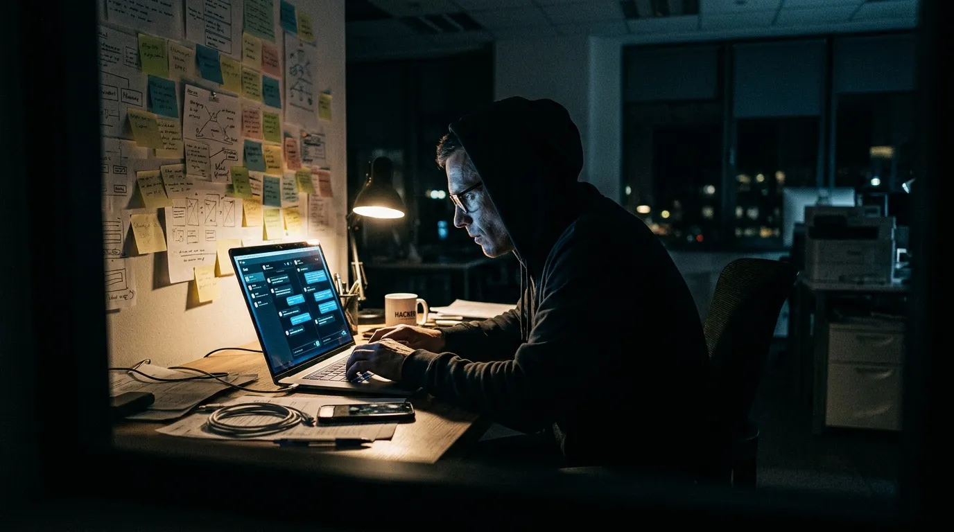 D&eacute;veloppeur programmant tard la nuit au bureau, &eacute;cran bleu