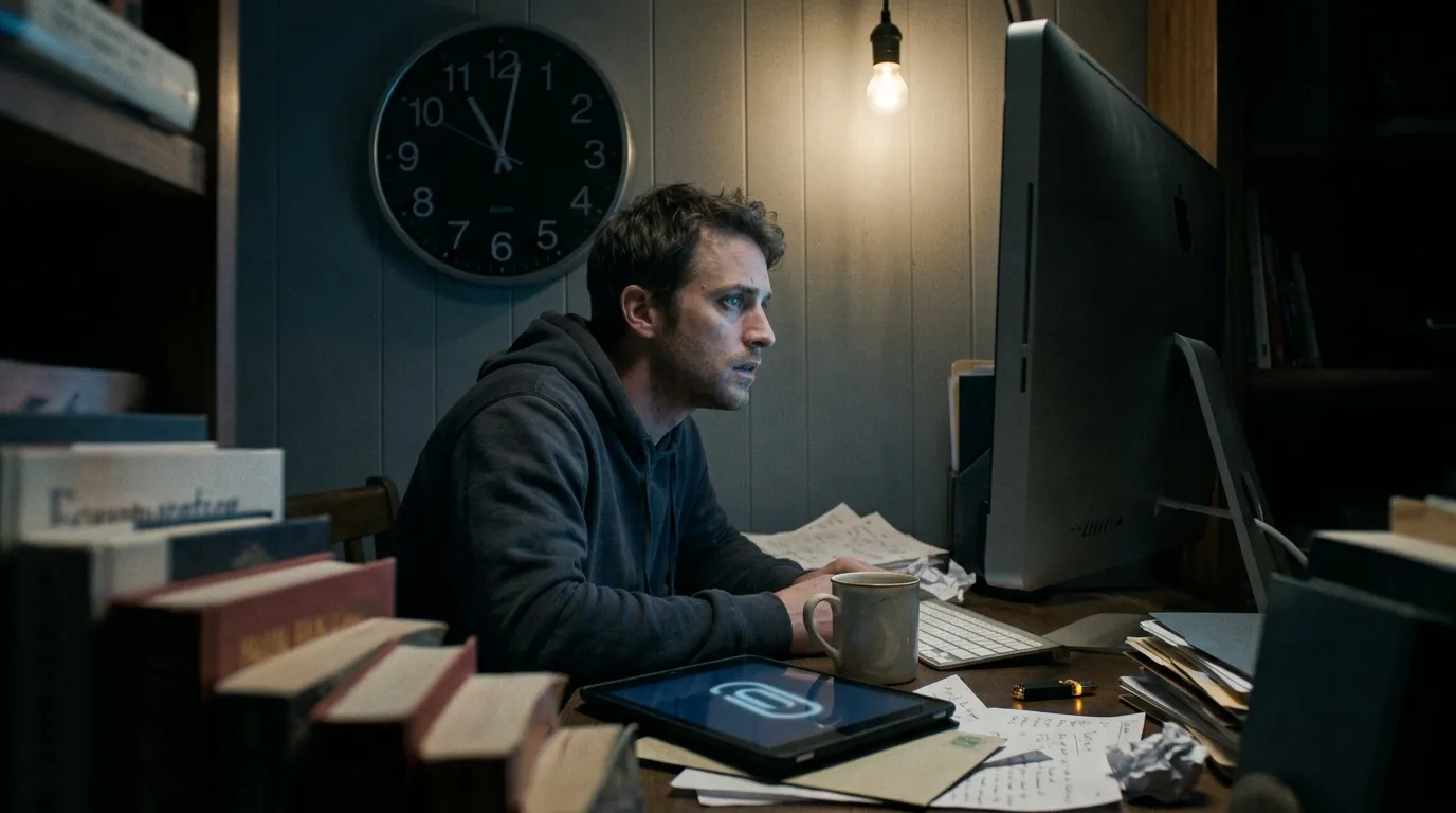 Homme travaillant tard la nuit sur ordinateur avec caf&eacute;