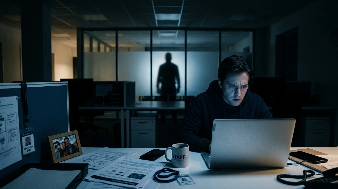 Homme travaillant tard au bureau, silhouette suspecte visible derri&egrave;re vitres
