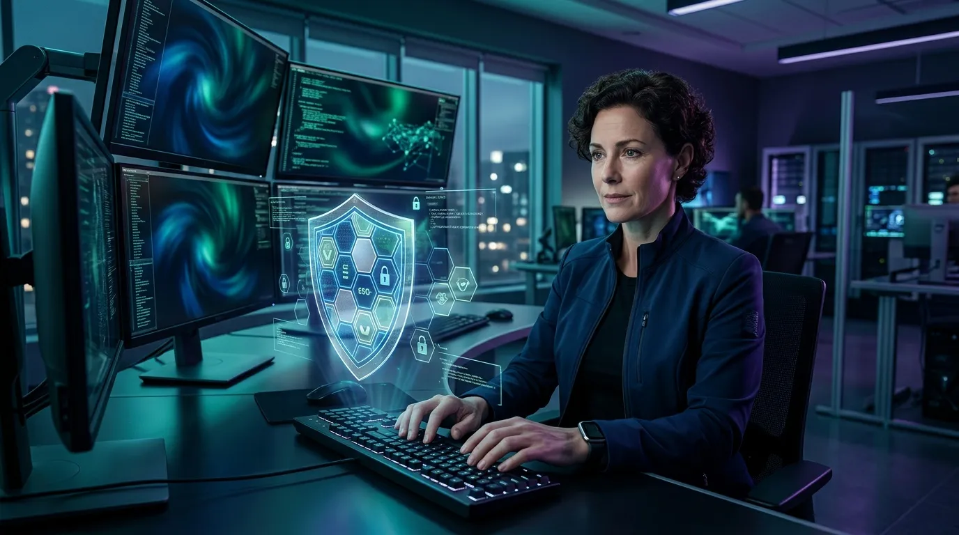 Femme expert en cybers&eacute;curit&eacute; monitore syst&egrave;mes informatiques avanc&eacute;s