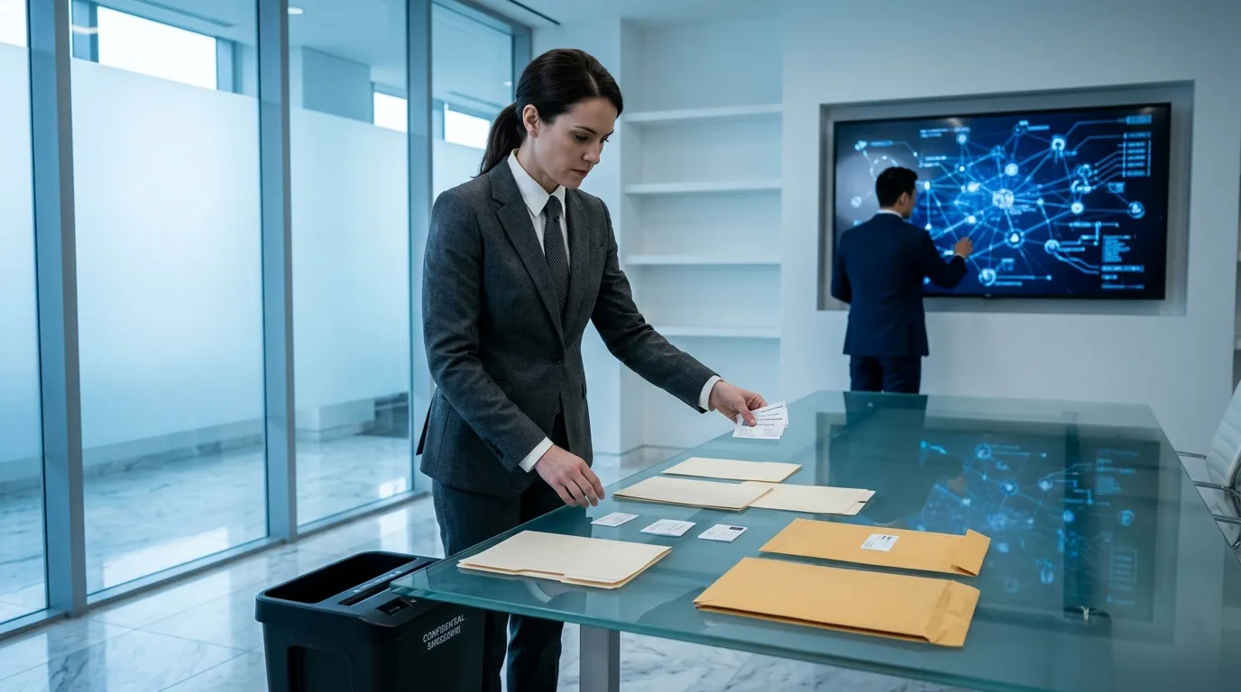 Femme d'affaires triant documents confidentiels dans bureau moderne