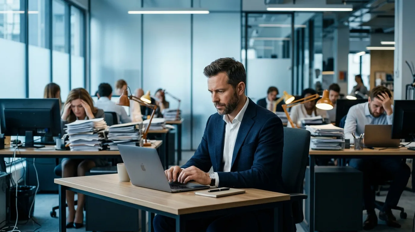 Homme en costume utilisant un ordinateur portable au bureau moderne